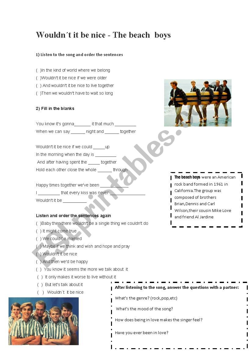 the beach boys-wouldnt it be nice song worksheet