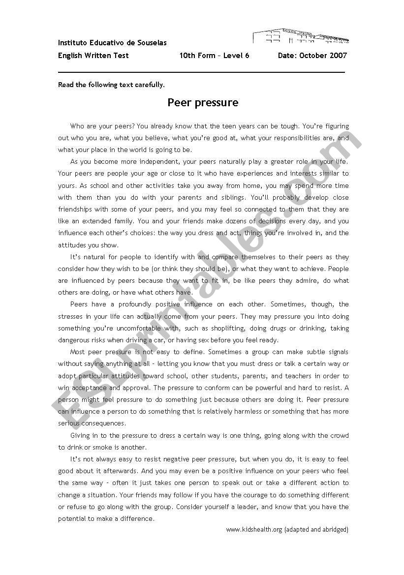 Teens Pressure worksheet