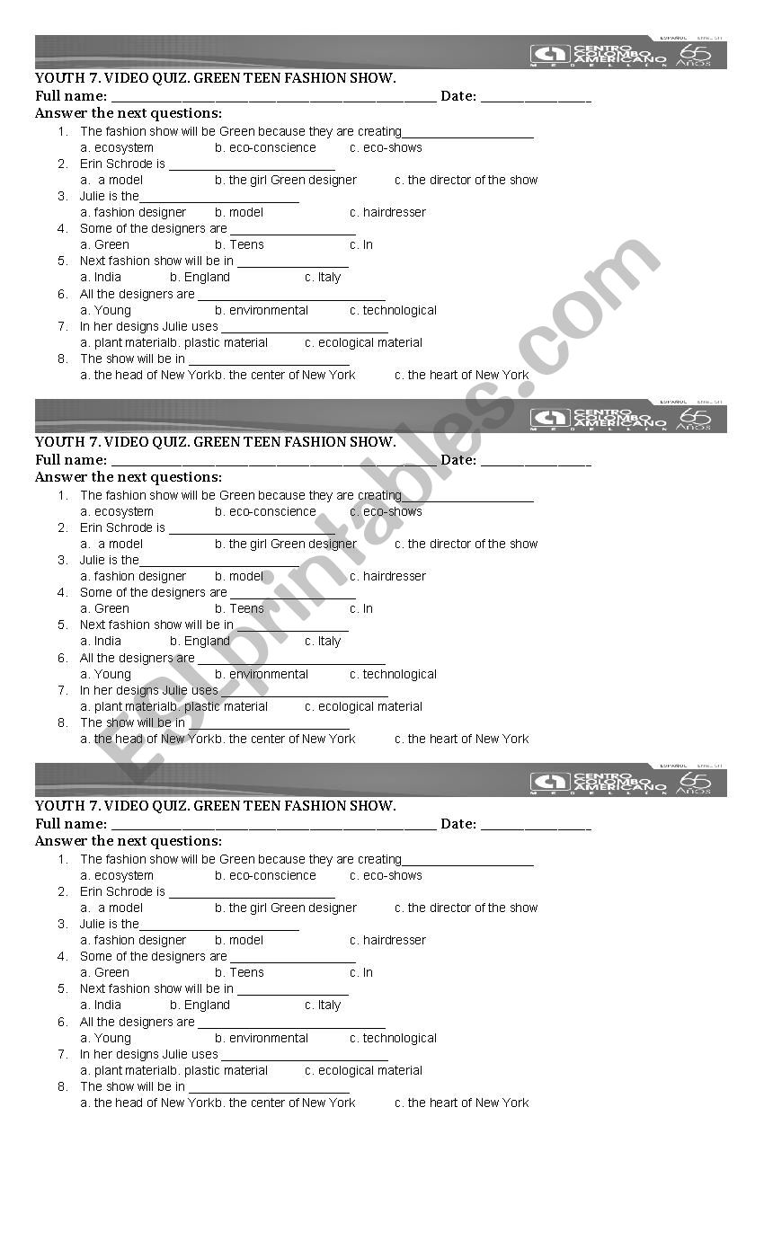 Green Teen Fashion show worksheet