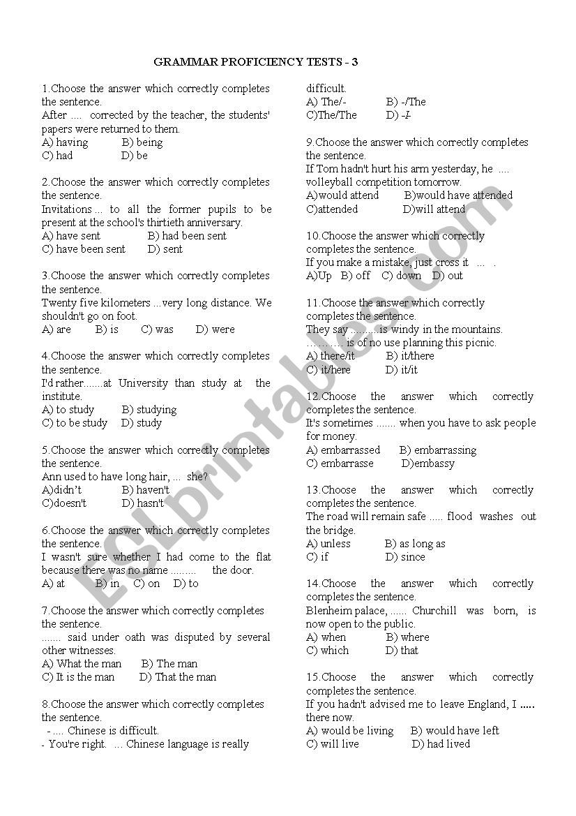 GRAMMAR PROFICIENCY TESTS - 3 worksheet