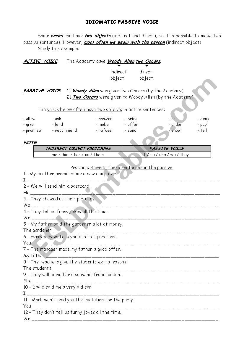 Passive Voice, two objects worksheet