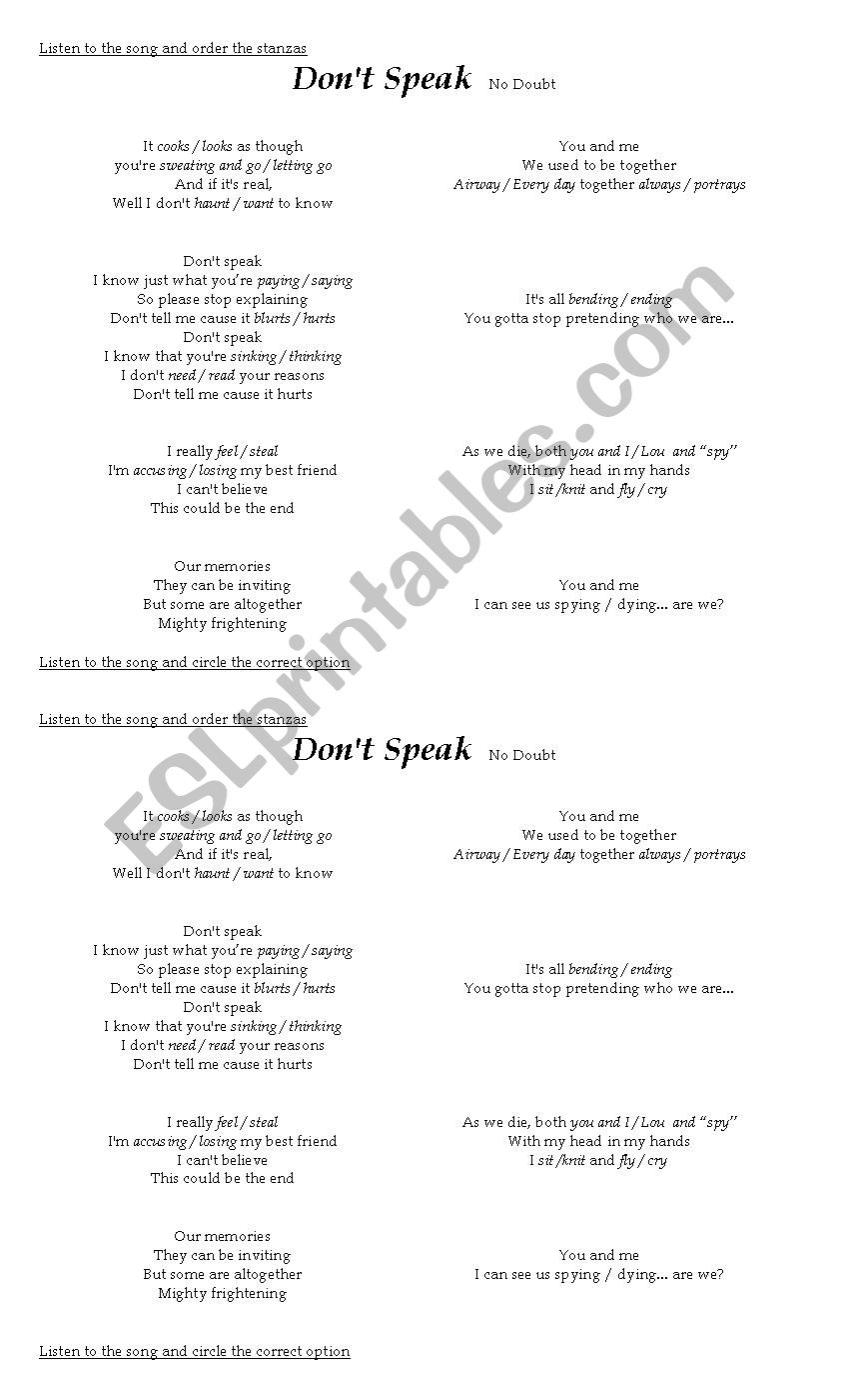 Dont speak worksheet