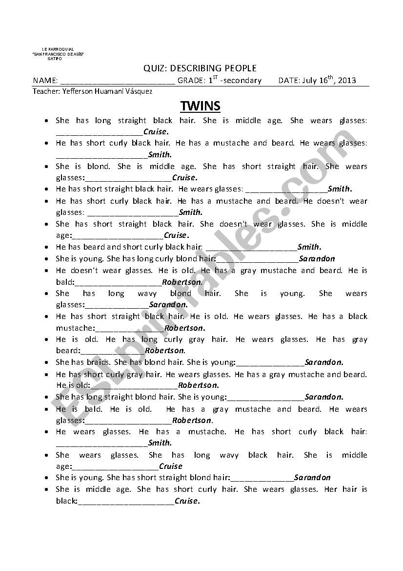 describing people worksheet