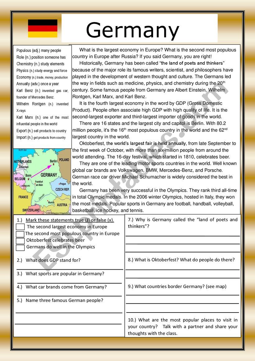 Germany Reading Comprehension Practice Exercises with Definitions 