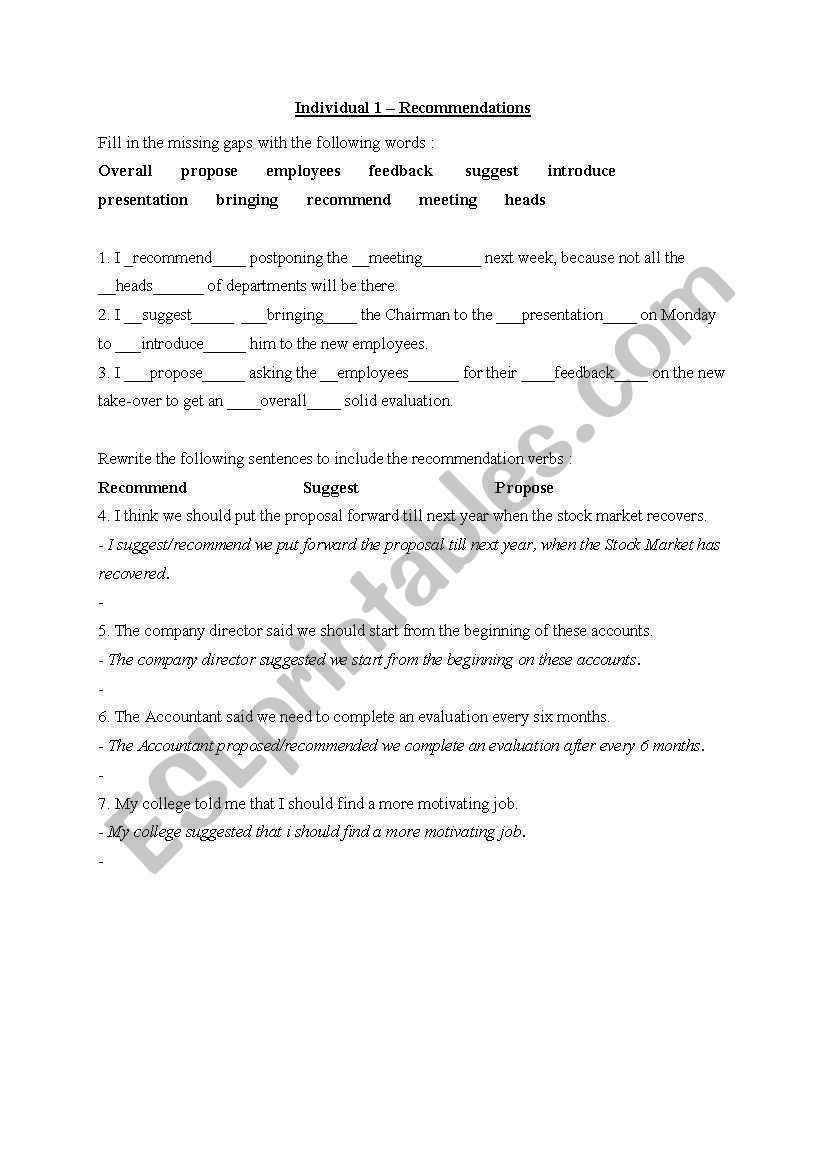 Answers to Recommendation Worksheet