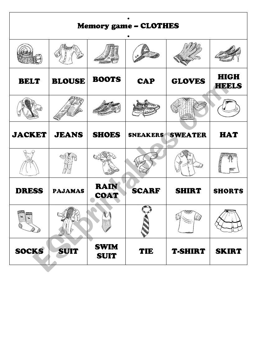 Memory game worksheet