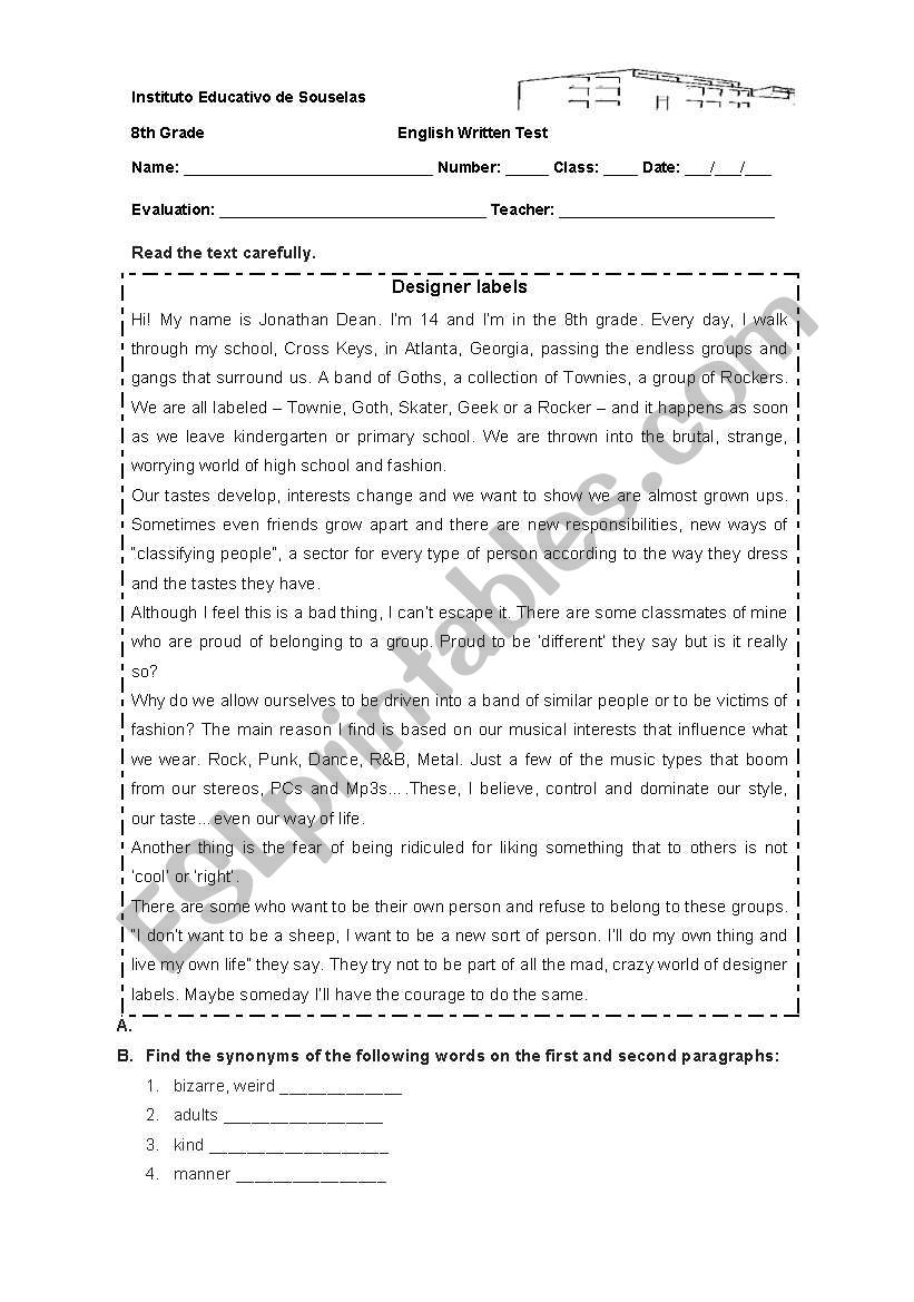 Designer labels worksheet
