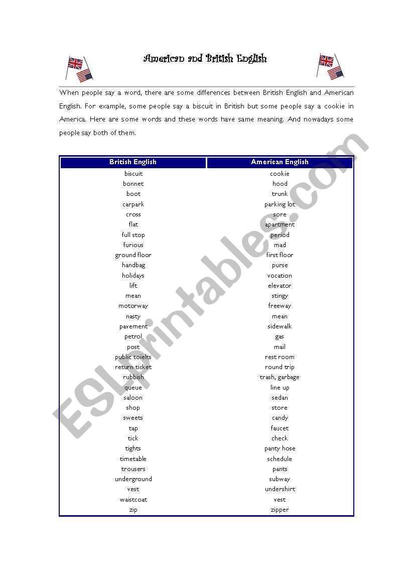 American and British English worksheet