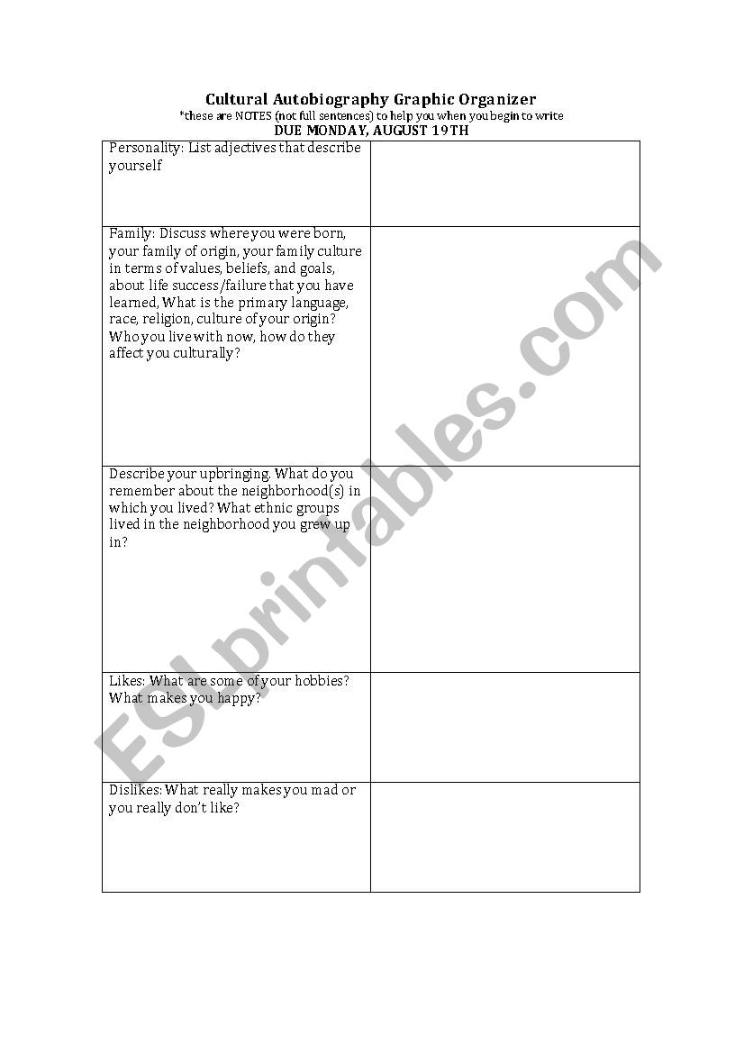 Cultural Autobiography Graphic Organizer