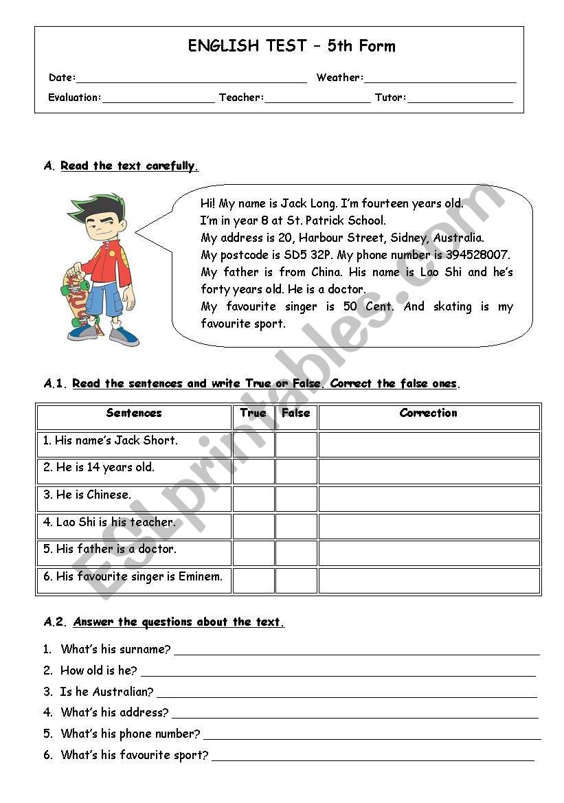 English test_5th (Part 1) worksheet