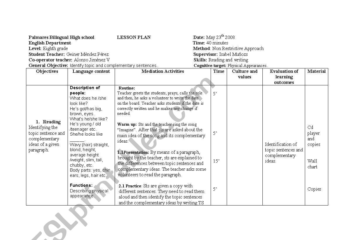 lesson planI worksheet