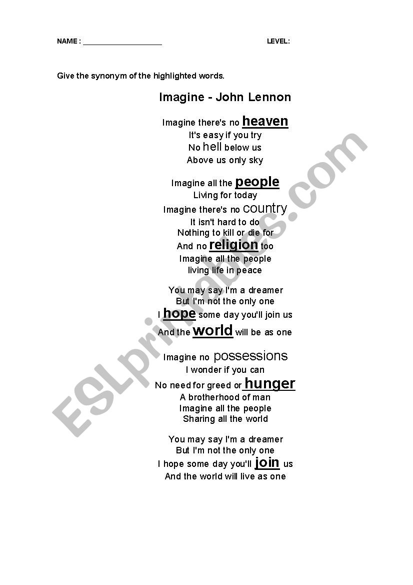 Imagine - song worksheet