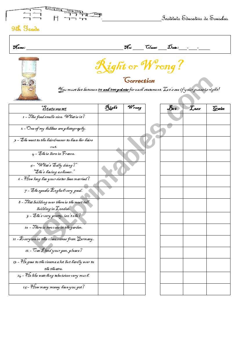 Right or Wrong? A Game worksheet