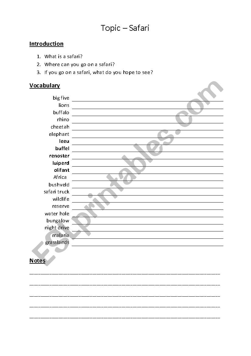 Safari worksheet