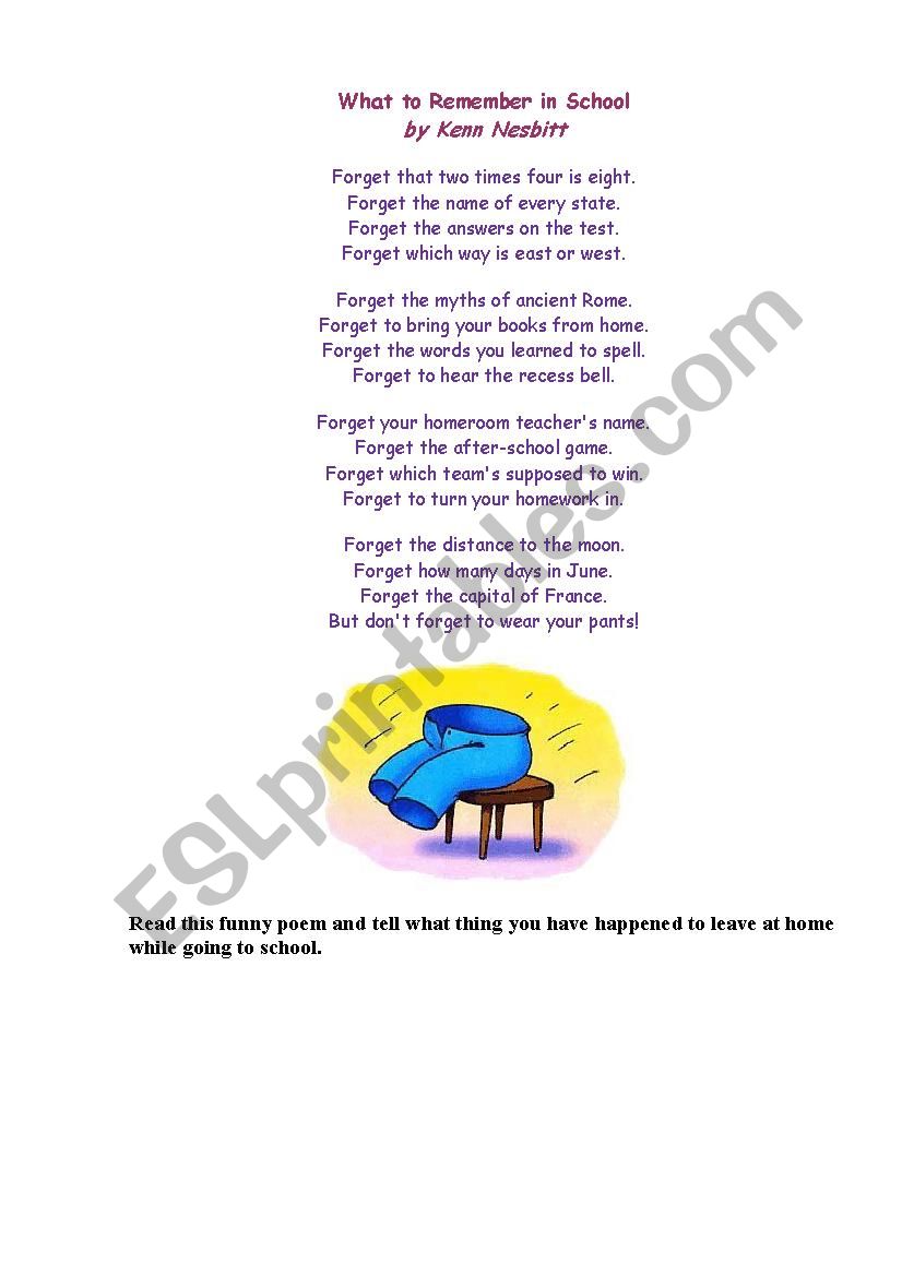 What to Remember at School ( a funny poem) - ESL worksheet by korova-daisy