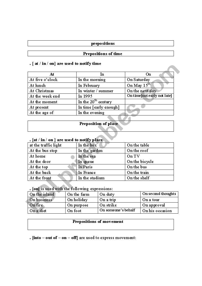 Preposition worksheet