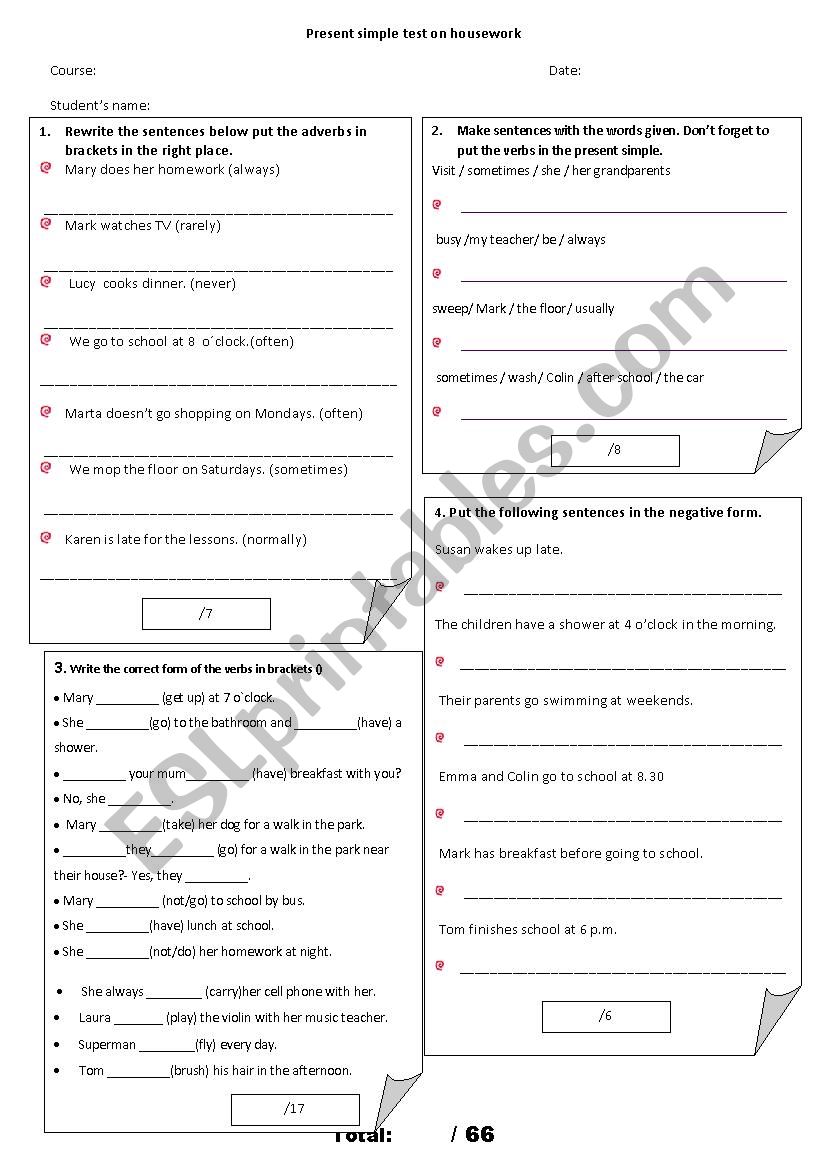 written practice test on present simple