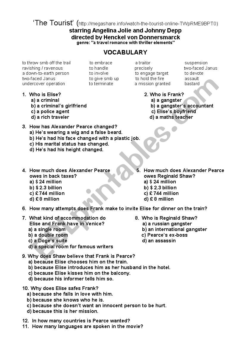 The Tourist worksheet