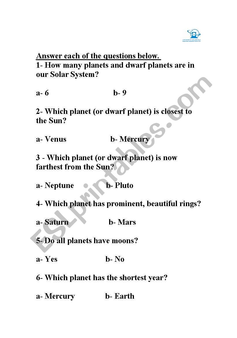 planets and useful questions  worksheet