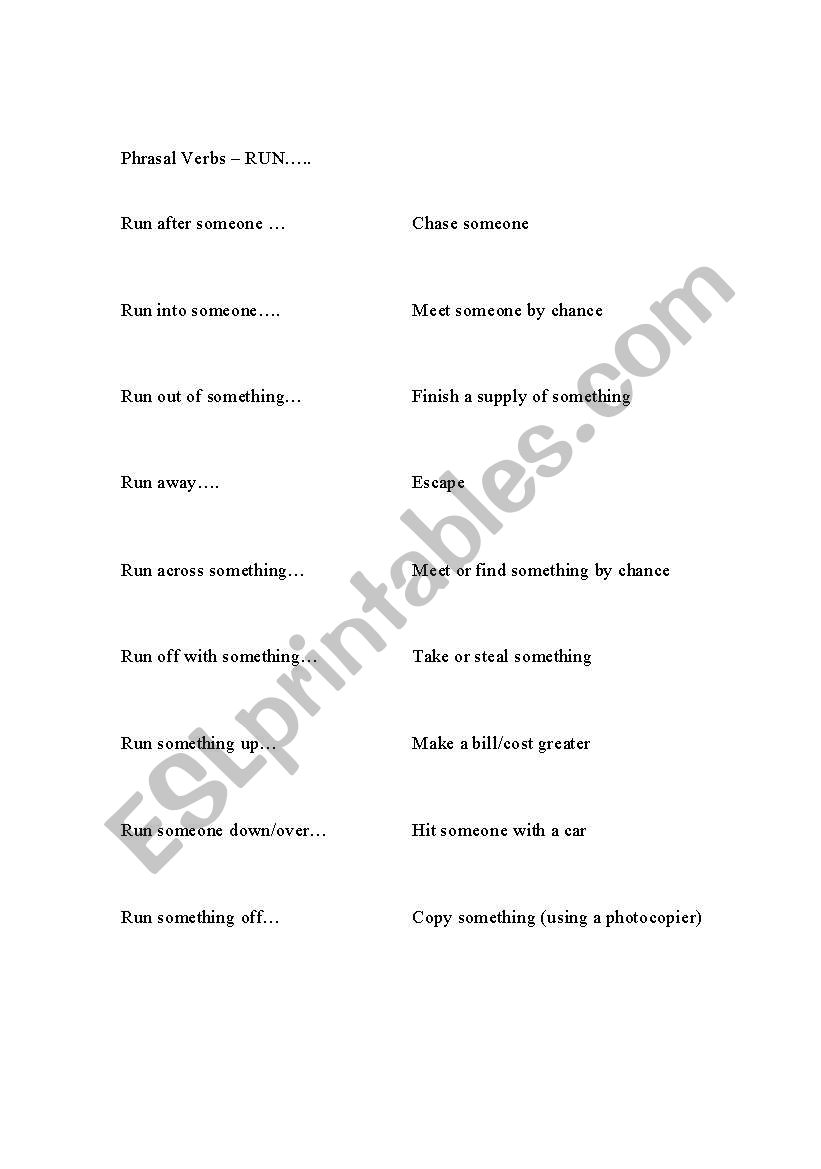 Phrasal Verbs RUN worksheet