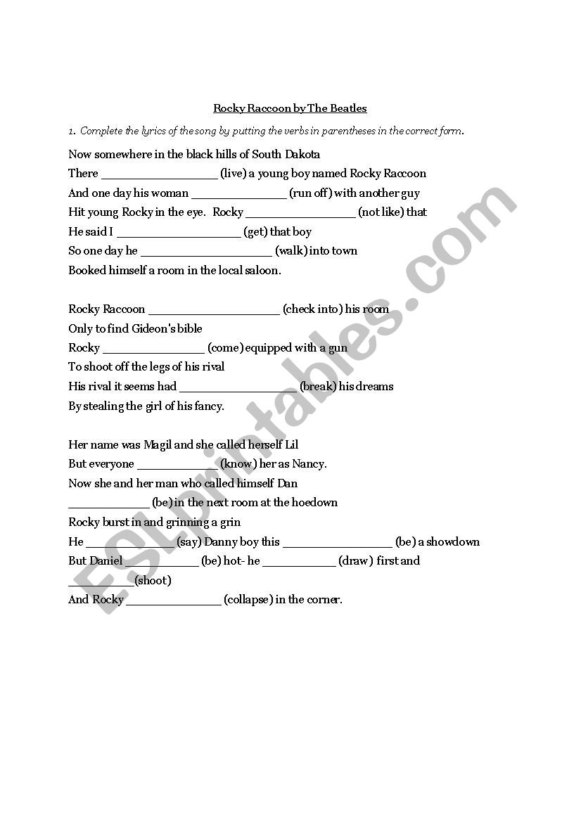 Rocky Raccoon Verb Review worksheet
