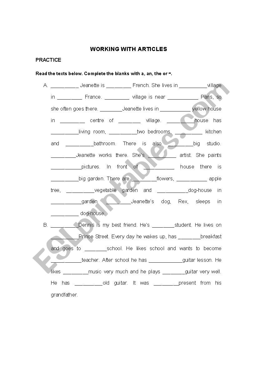Working with articles worksheet
