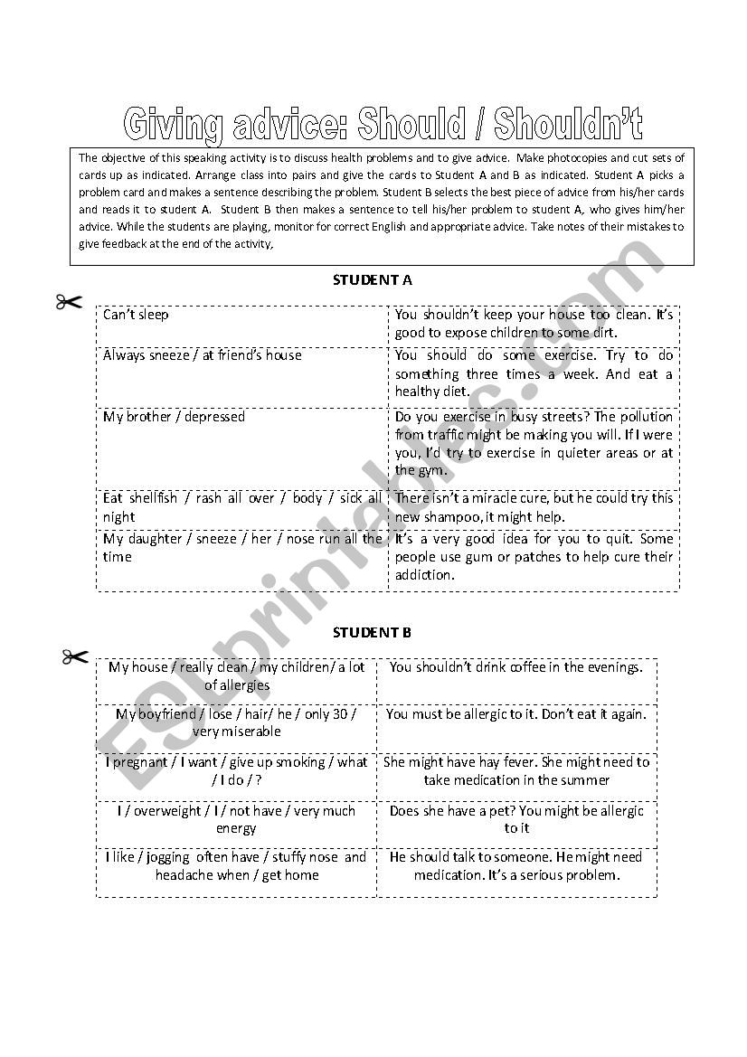 Giving Advice: Should and Shouldn´t - ESL worksheet by mggherr