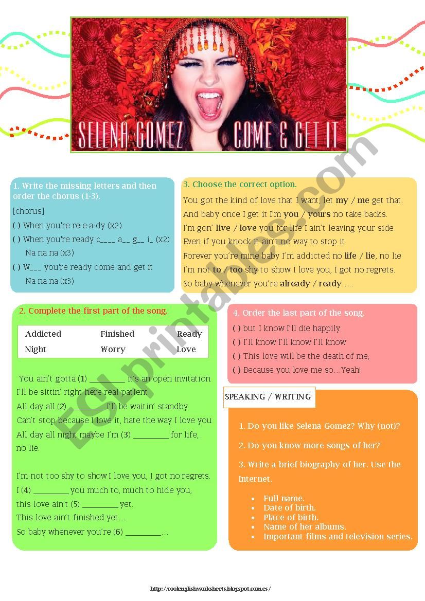 Selena Gomez - Come & Get It worksheet