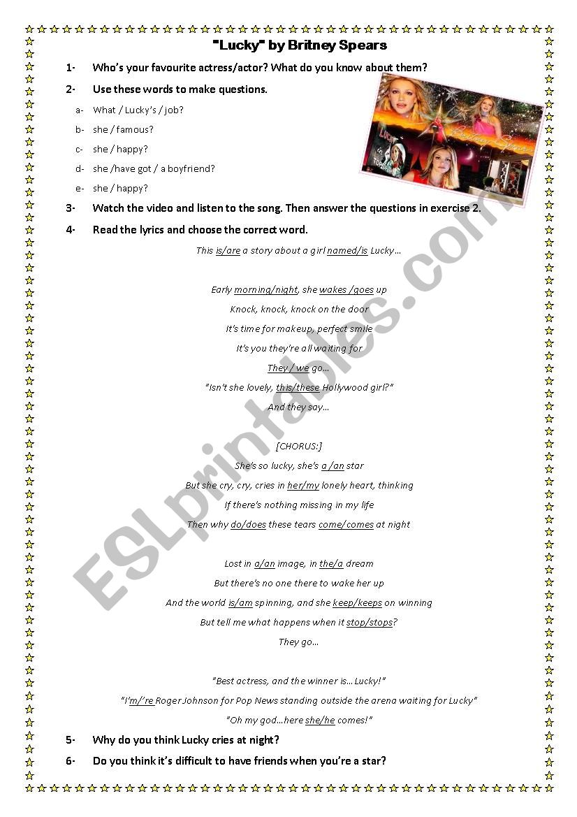 Song Worksheet: Lucky by Britney Spears (Present Simple)