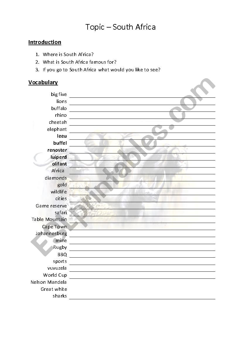 South Africa worksheet