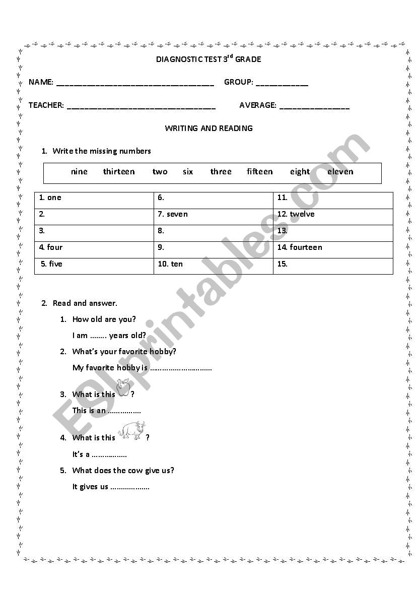 diagnostic test 3rd grade worksheet