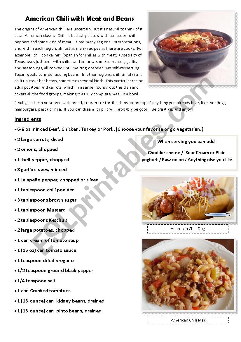 Cooking American Chili 1 of 3 worksheet