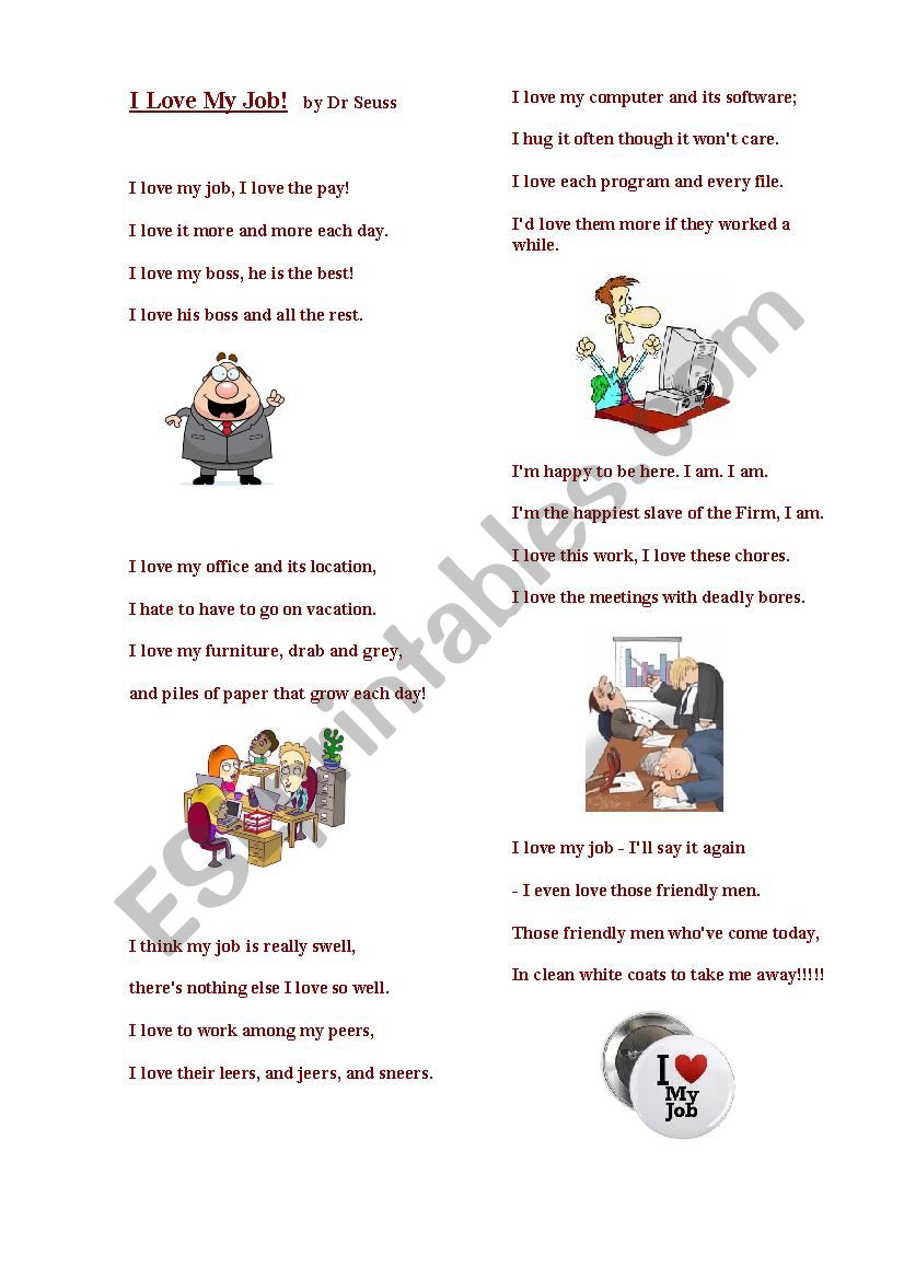 I LOVE MY JOB ( a poem) worksheet