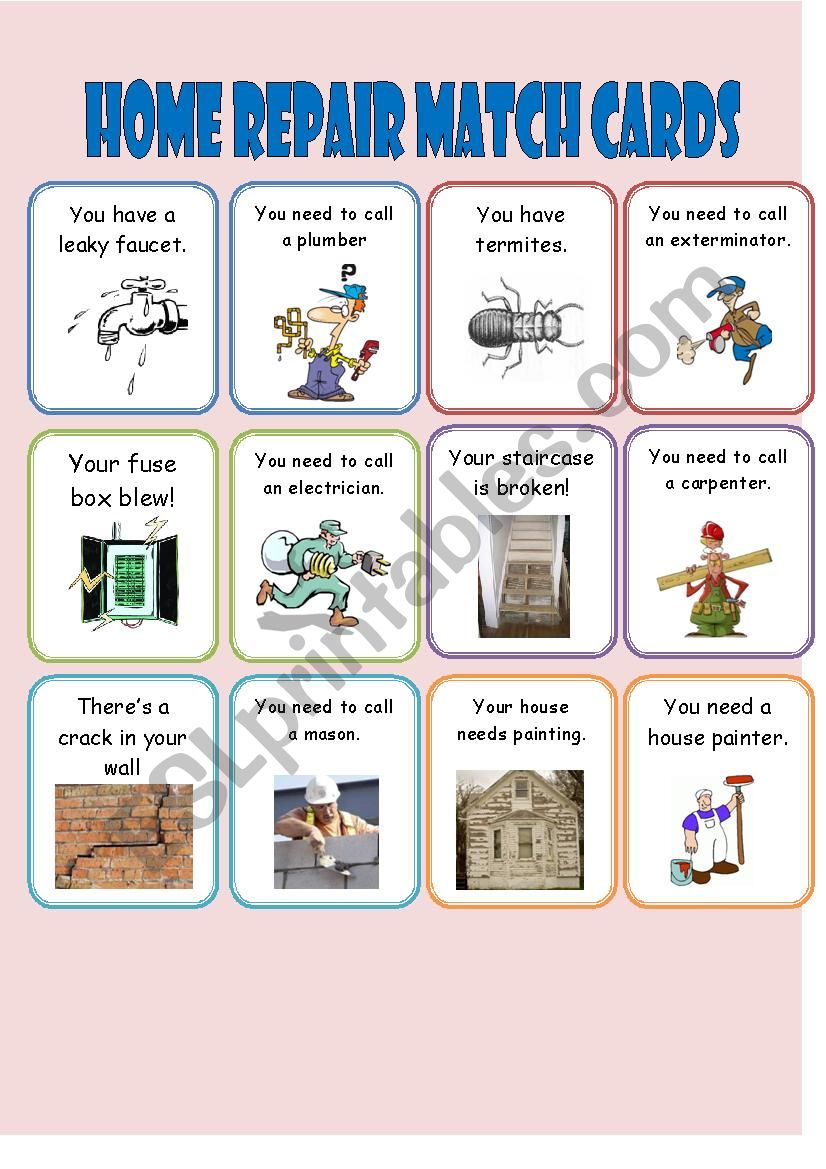 Home Repair Match Cards 1/2 worksheet