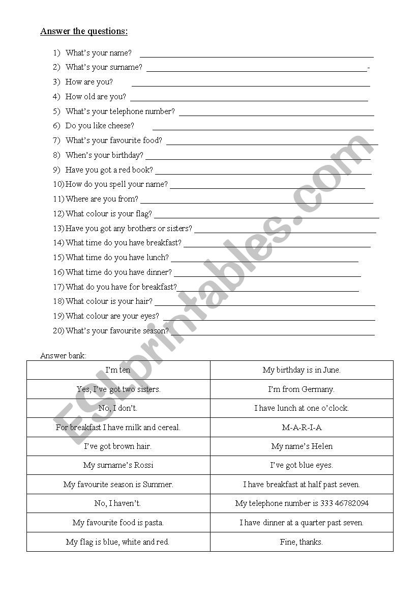 Questions worksheet