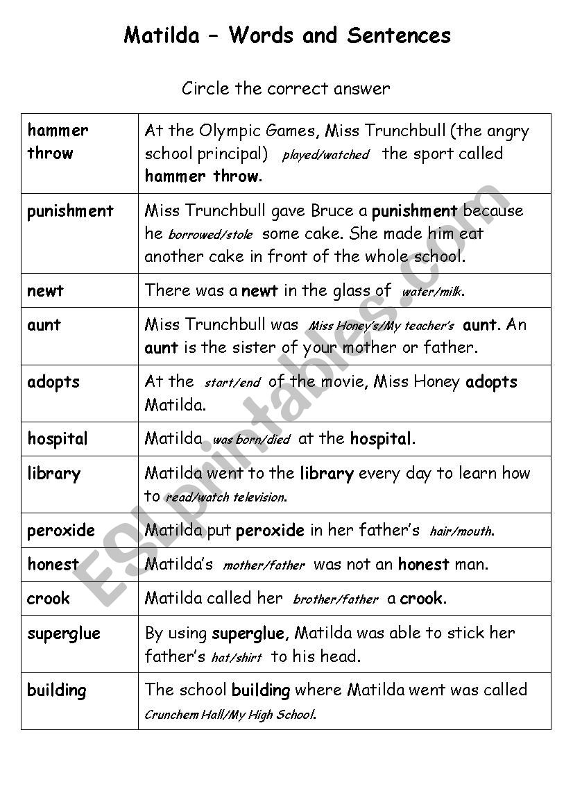 Matilda  Words and Sentences worksheet