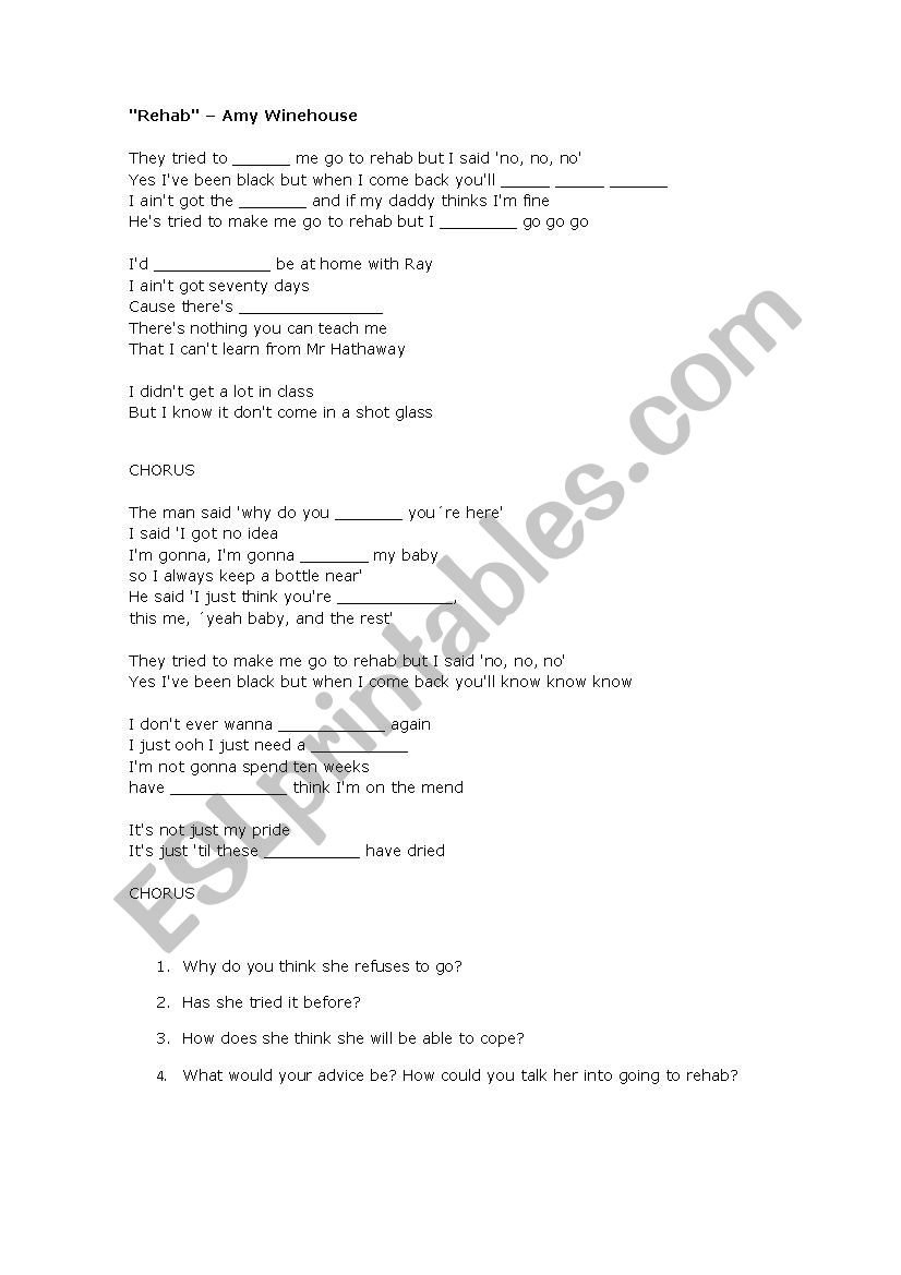 Song: Rehab, by Amy Winehouse worksheet