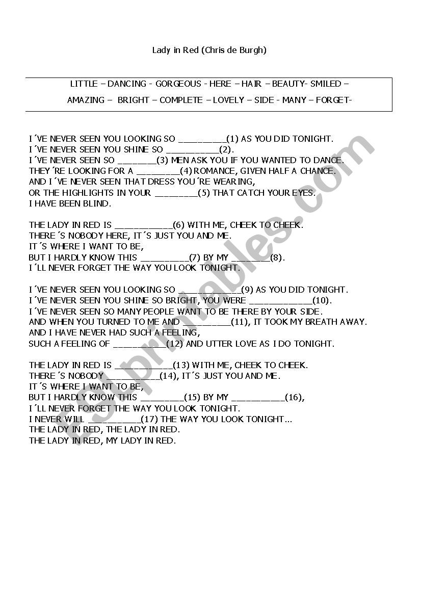 Lady in Red (Chris de Burgh) worksheet