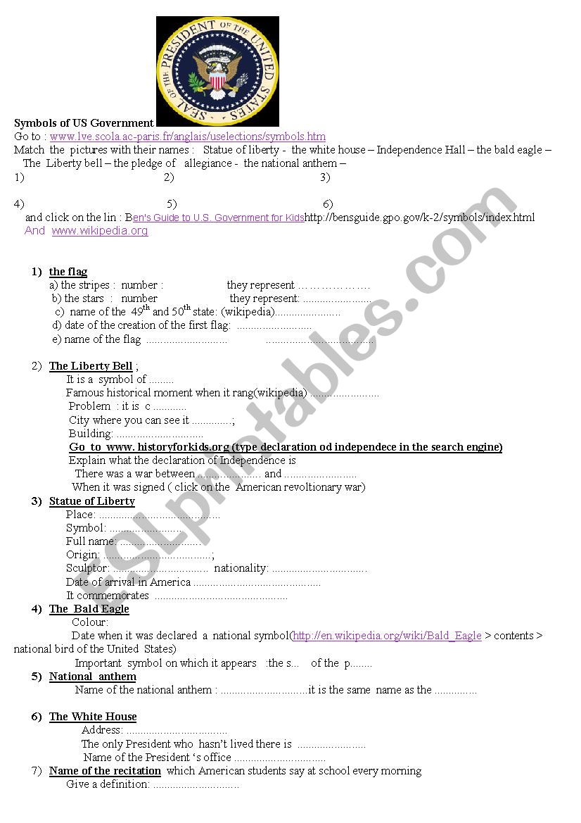 SYMBOLS OF  US  worksheet