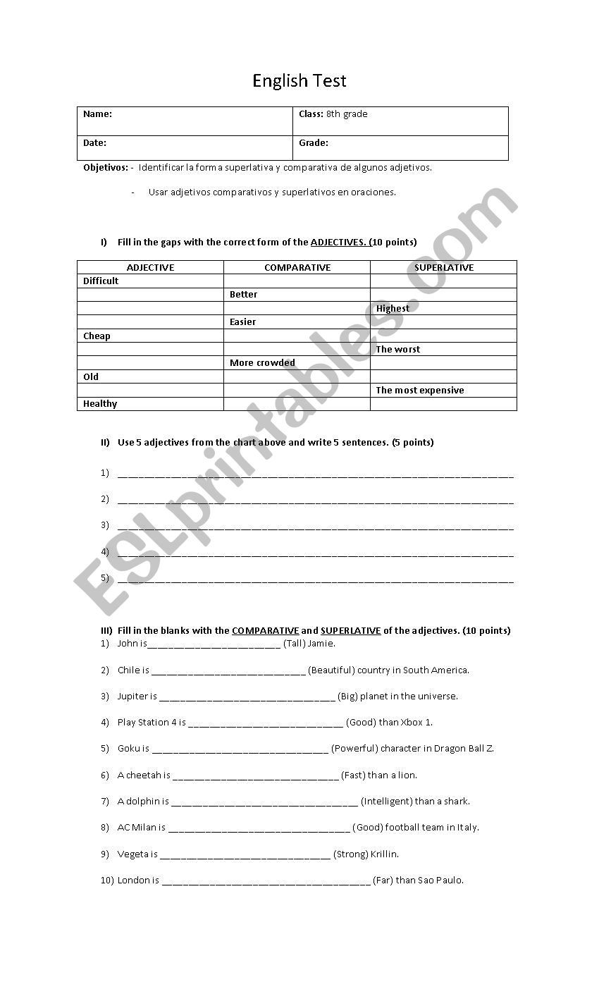 Superlative and comparative adjectives test