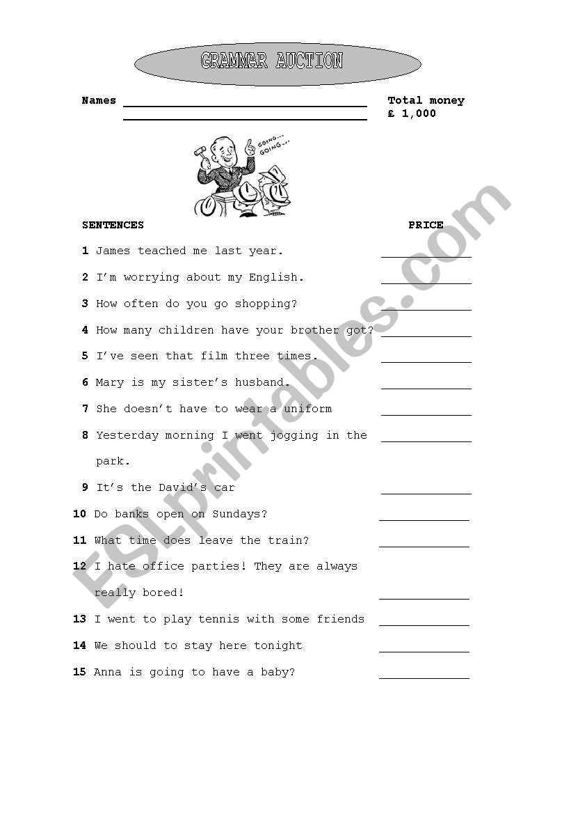 Grammar auction worksheet