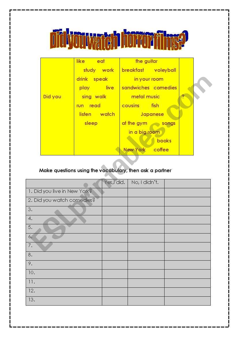 questions in past simple DID worksheet