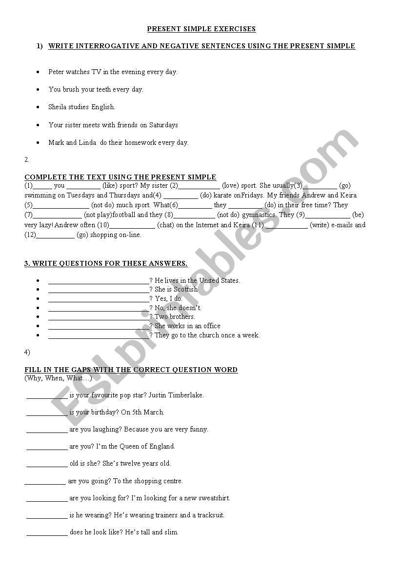 Present Simple exerices worksheet