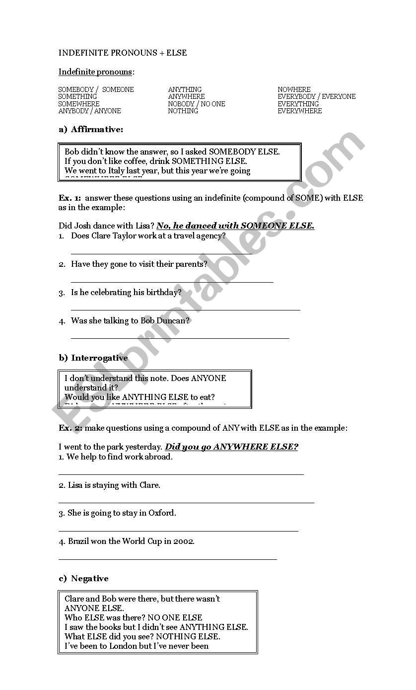 INDEFINITE PRONOUNS + ELSE worksheet