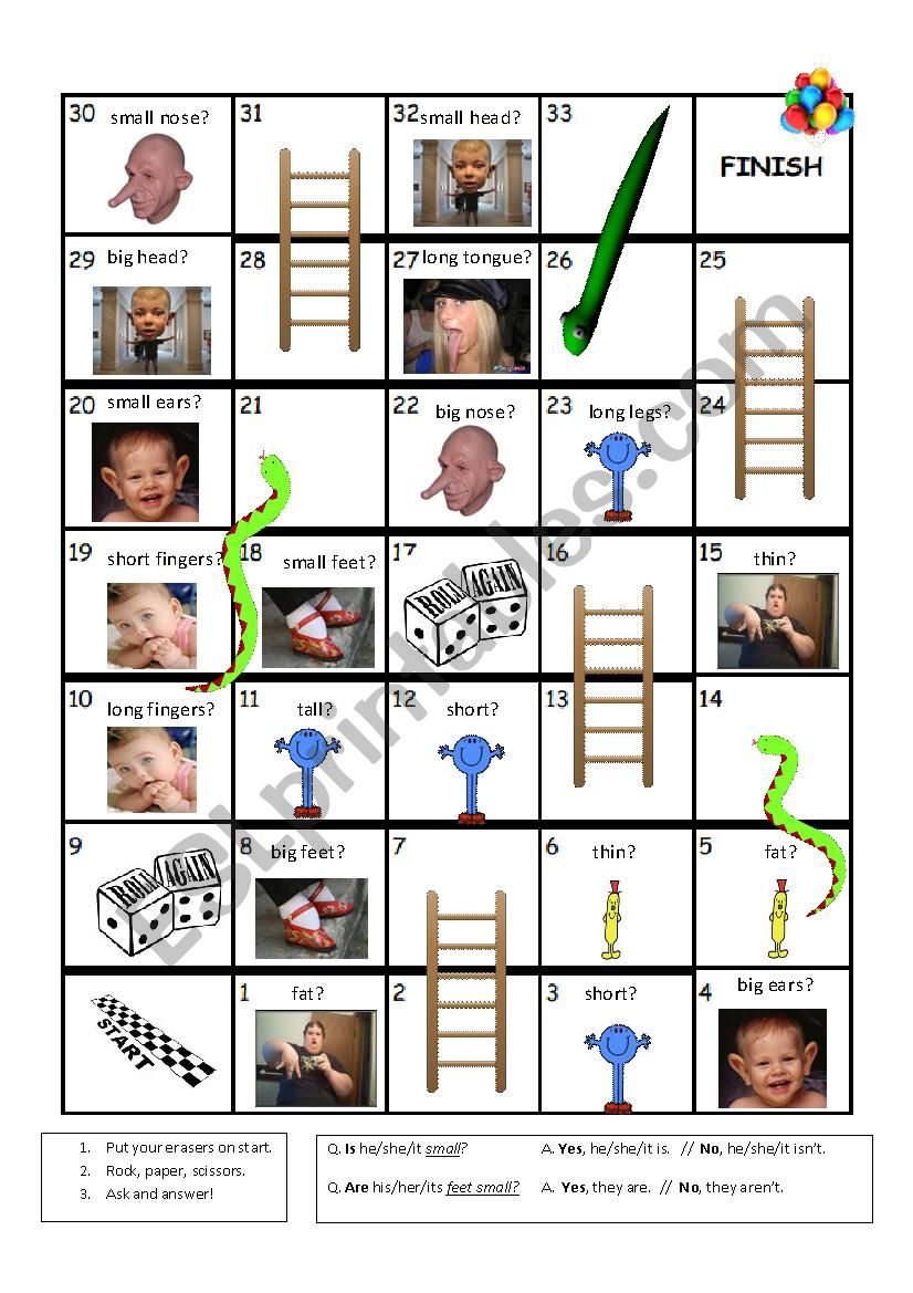 Body adjectives snakes & ladders game