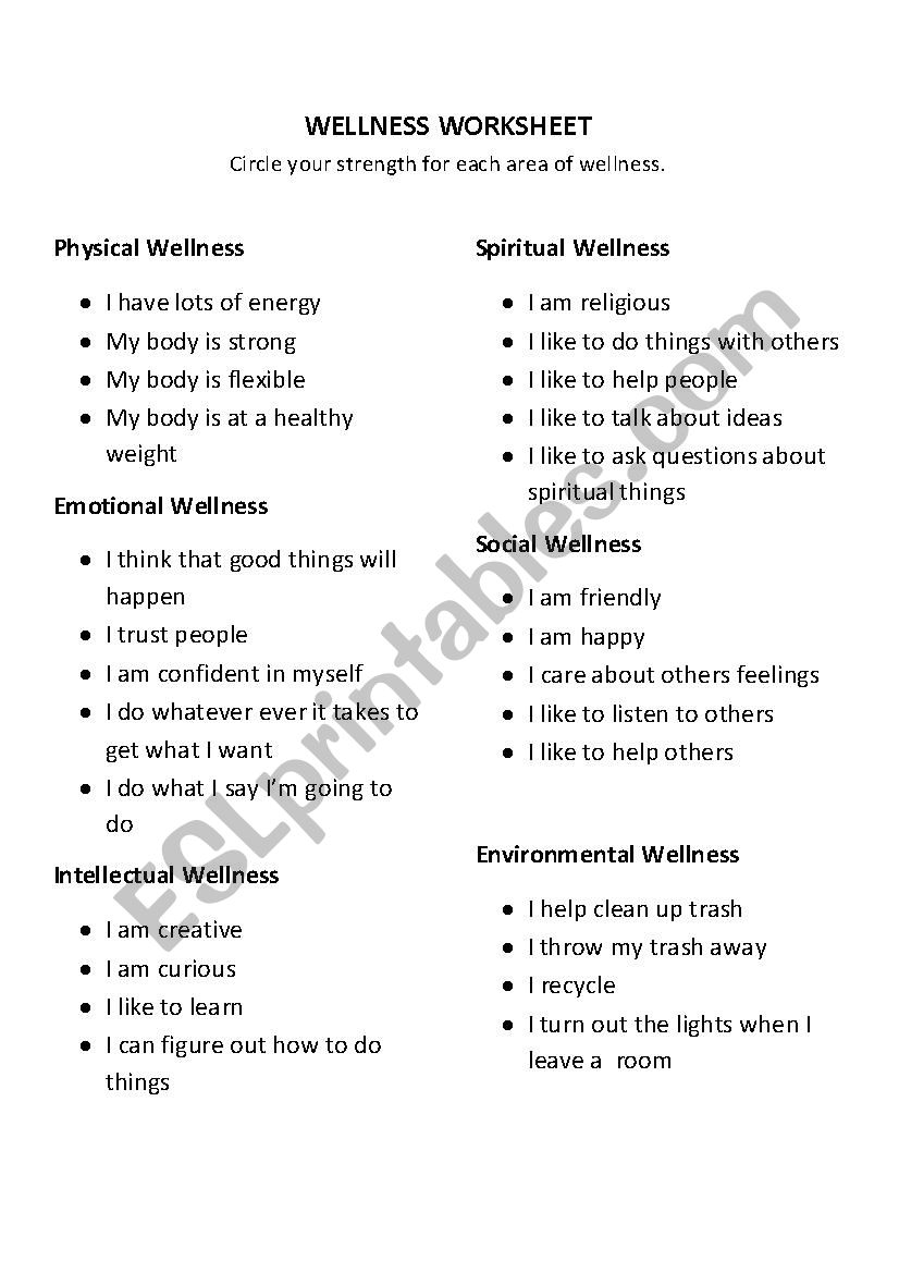 Wellness Goals worksheet