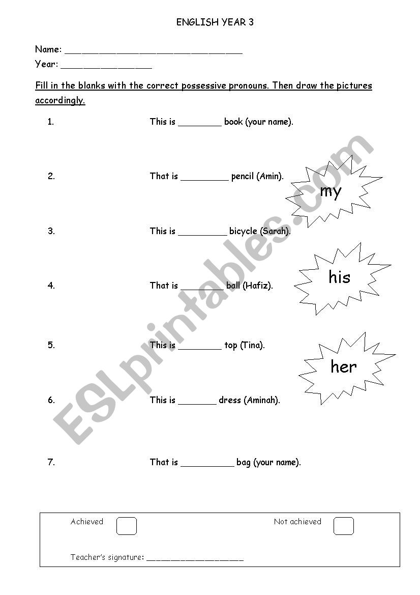 possessive pronouns for english year 3