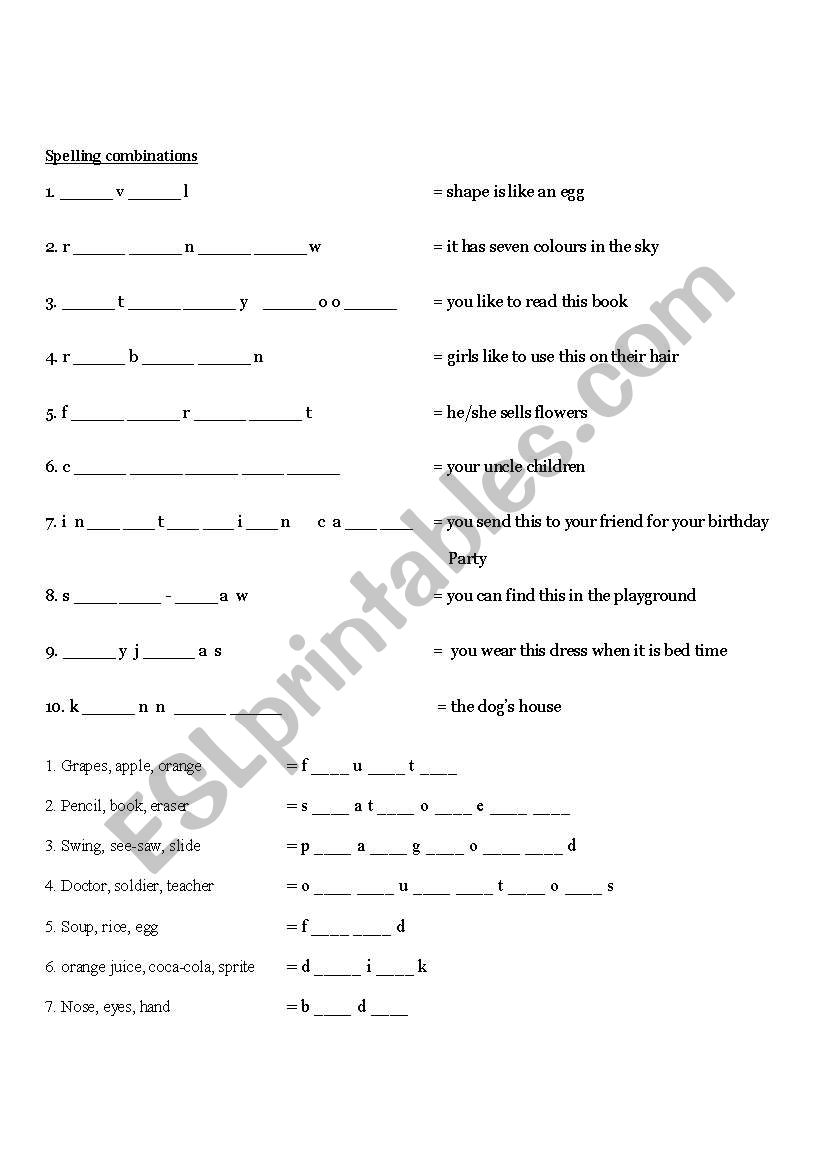 50 Spelling Test with description sentence