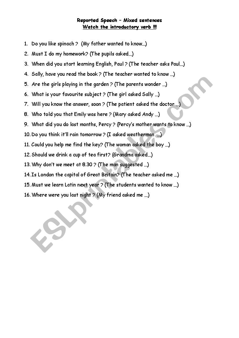 Reported Speech indirect speech  writing exercise