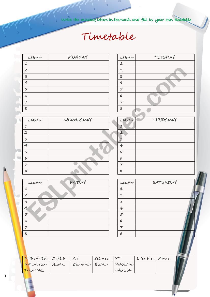 Make your own timetable worksheet